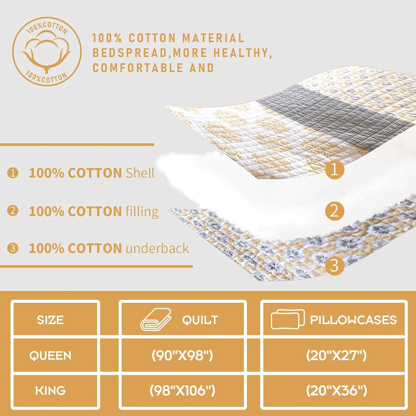 PANGUSHAN Quilt Set King Size,100% Cotton Bedspread Quilt Bedding Set,Floral Patchwork Quilt Set for King Bed,Yellow/Grey/White Bed Spread,Lightweight Comforter Reversible Quilt,All Season,3 Pieces