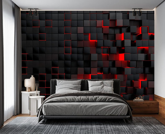 Tech Red Blocks Wall Mural Wallpaper for Bedroom 103" x 69"