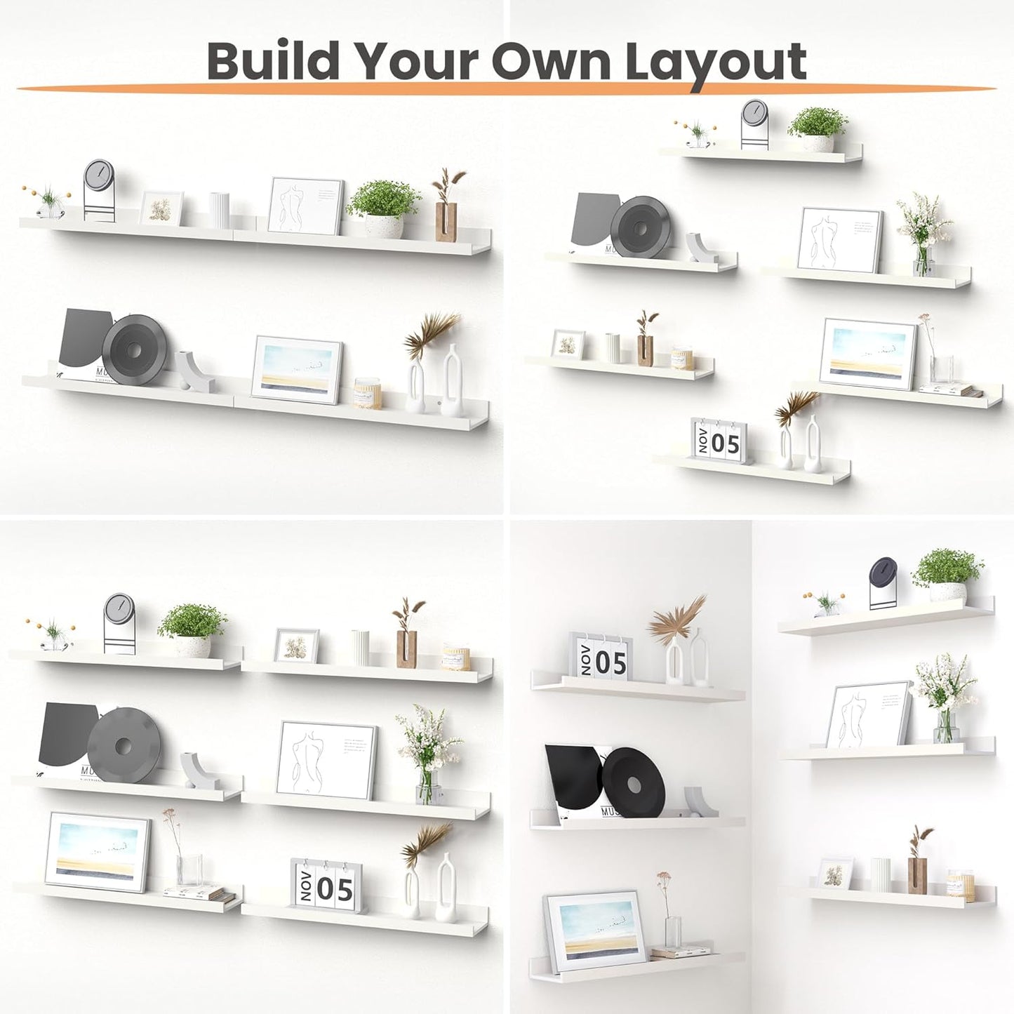 upsimples Floating Shelves for Wall, Wall Shelves for Decor Storage Set of 6, Wall Mounted Wood Shelf for Bedroom, Living Room, Bathroom, Kitchen, 23.6 inch Long Picture Ledge Shelf, White