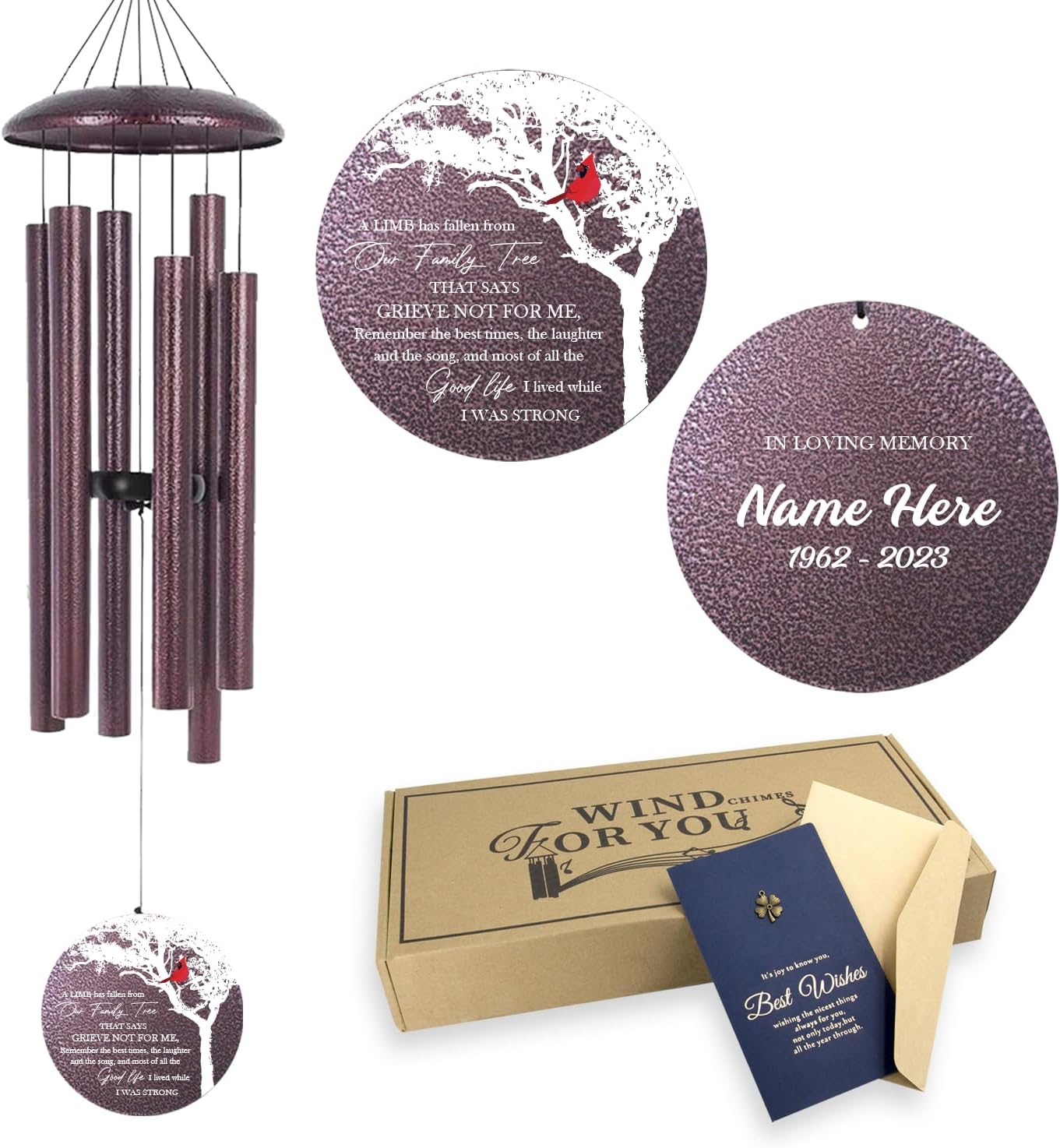 ASTARIN 36" Large Deep Tone Personalized Name Sympathy Wind Chimes, Cardinal Memorial Wind Chime for Loss of Mother Father Loved One, Bereavement Condolence Gifts Decor Outdoor Patio Garden