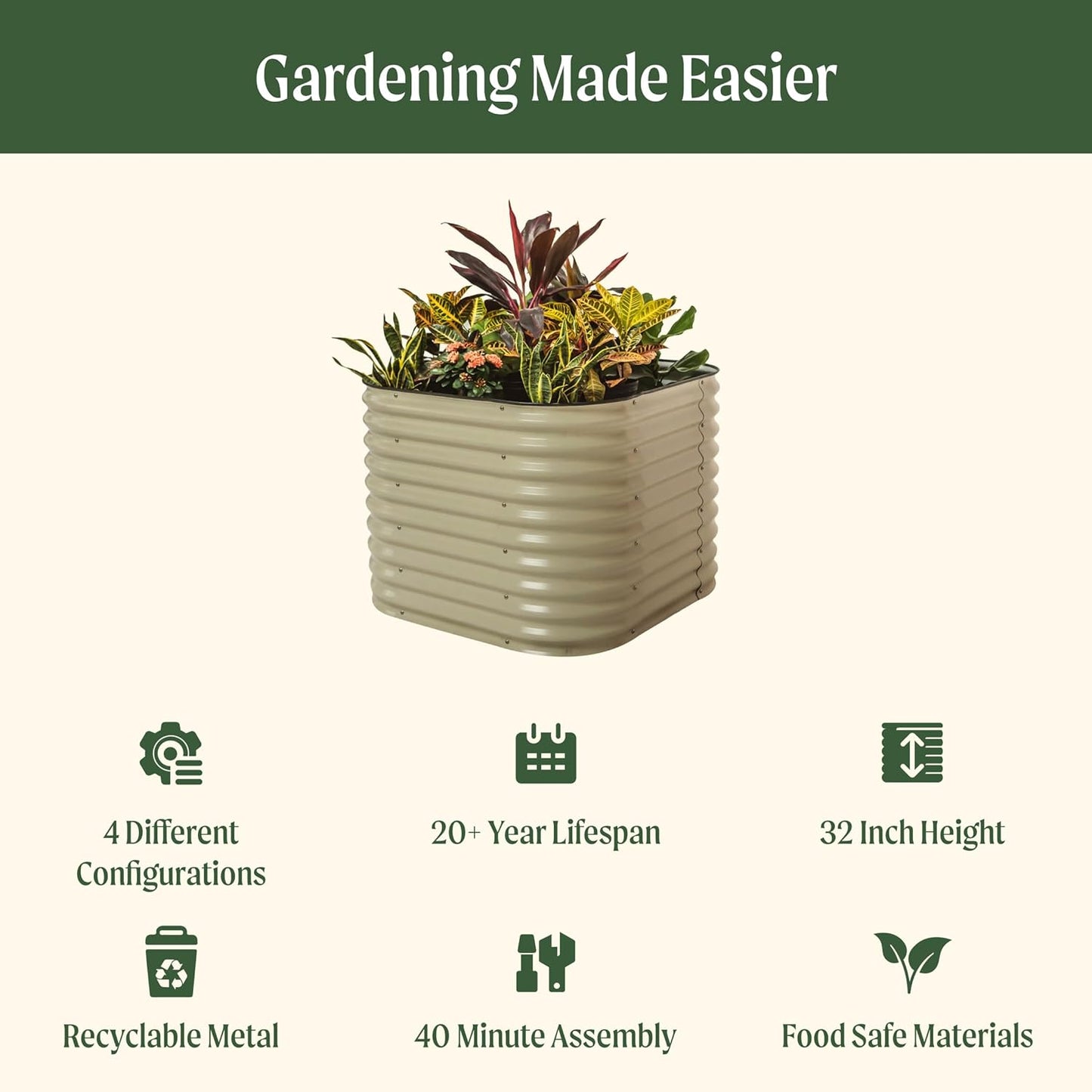 Vego garden 32" Extra Tall Raised Garden Bed Kits,4 in 1 Modular Raised Planter Box for Vegetables Flowers Fruits Oval Metal Raised Garden-Olive Green