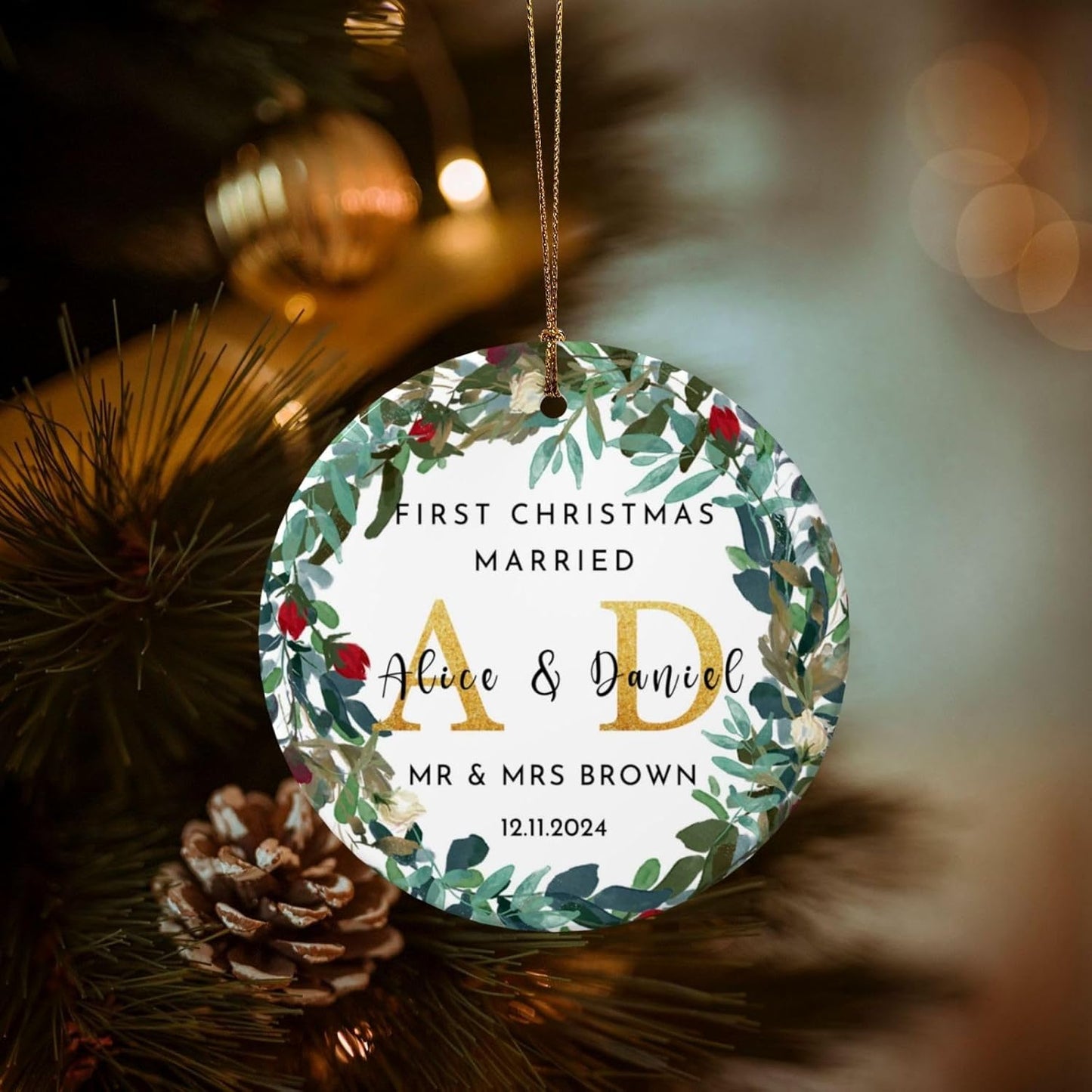 Personalized First Christmas Married Ornament 2025 Custom Mr and Mrs Wedding Christmas Ornaments with Photo Name for Couples,Double-Sided Ceramic Customized Engagement Ornament