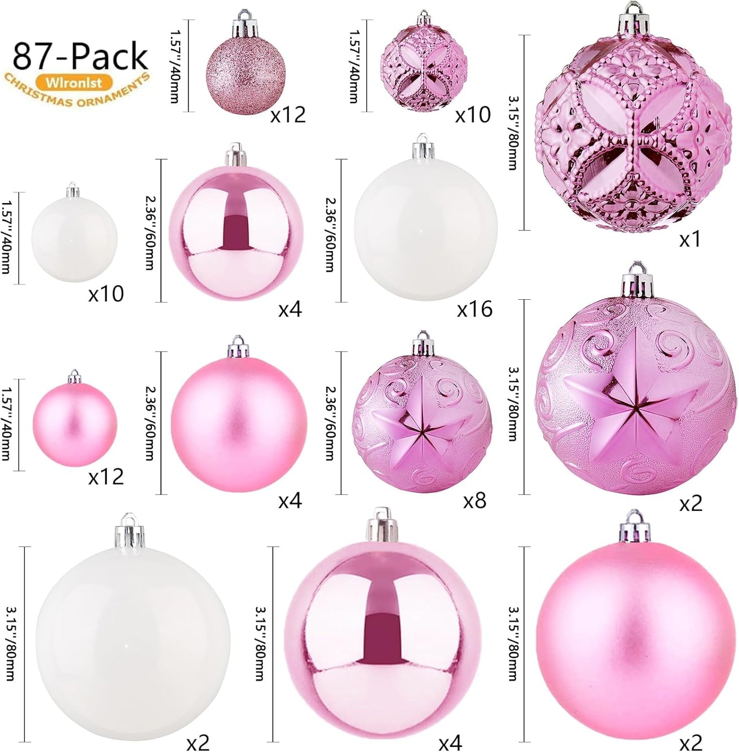 87-Pack Shatterproof Christmas Ball Ornaments Set, Christmas Tree Decorations with Hand-held Gift Package for Xmas Tree Holiday Wedding Party (Pink and White)