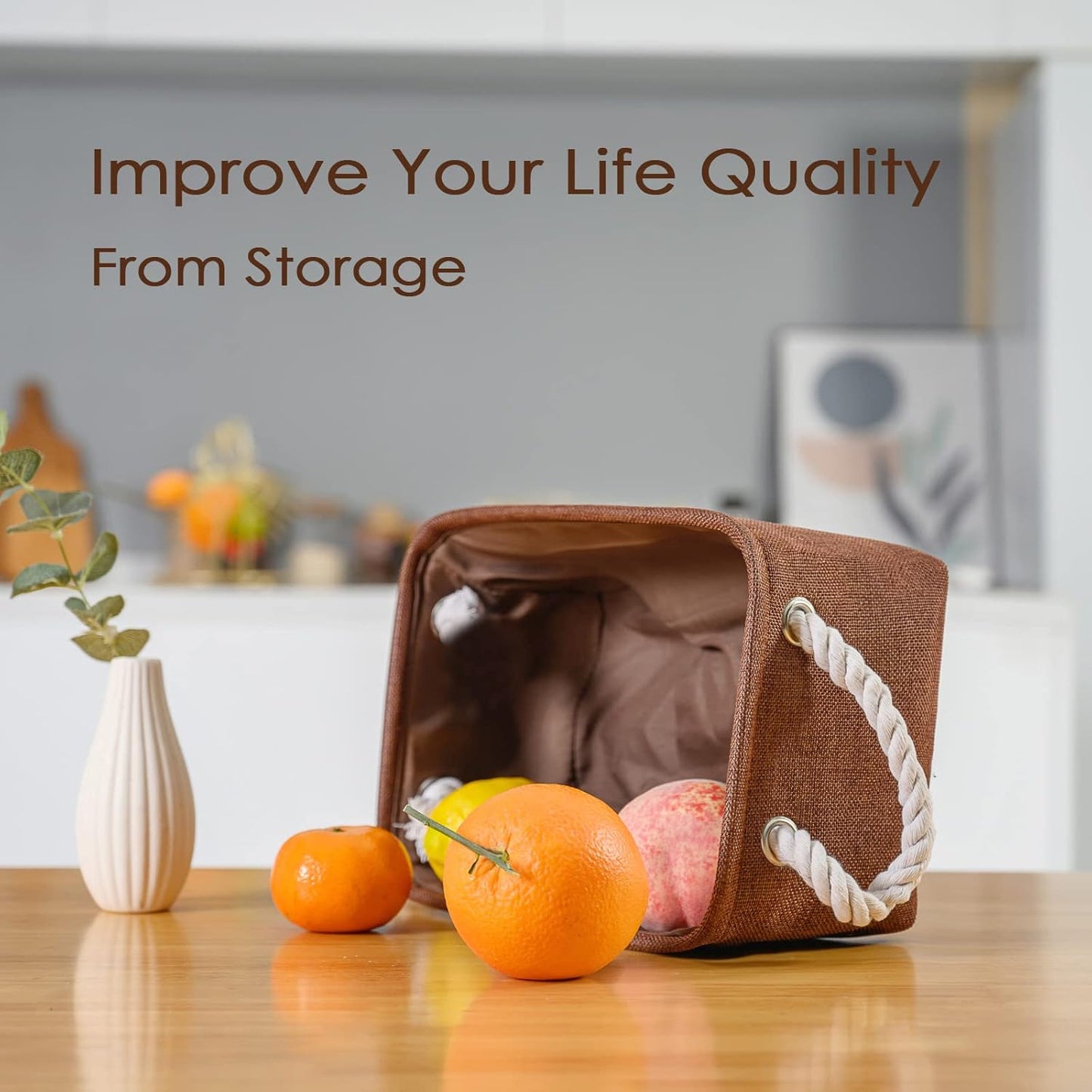 TheWarmHome Small Fabric Canvas Storage Bin with Cotton Rope Handles - Foldable Empty Basket for Gift (Brown-1 Pack,11.8L7.9W5.2H inch)