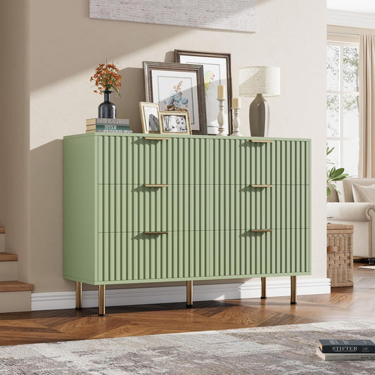 Green 6 Drawer Dresser for Bedroom, Fluted 47.2" Wide Modern Chest of Drawers with Deep Drawers, Long Large Double Dresser TV Stand for Living Room, Hallway, Kids Room