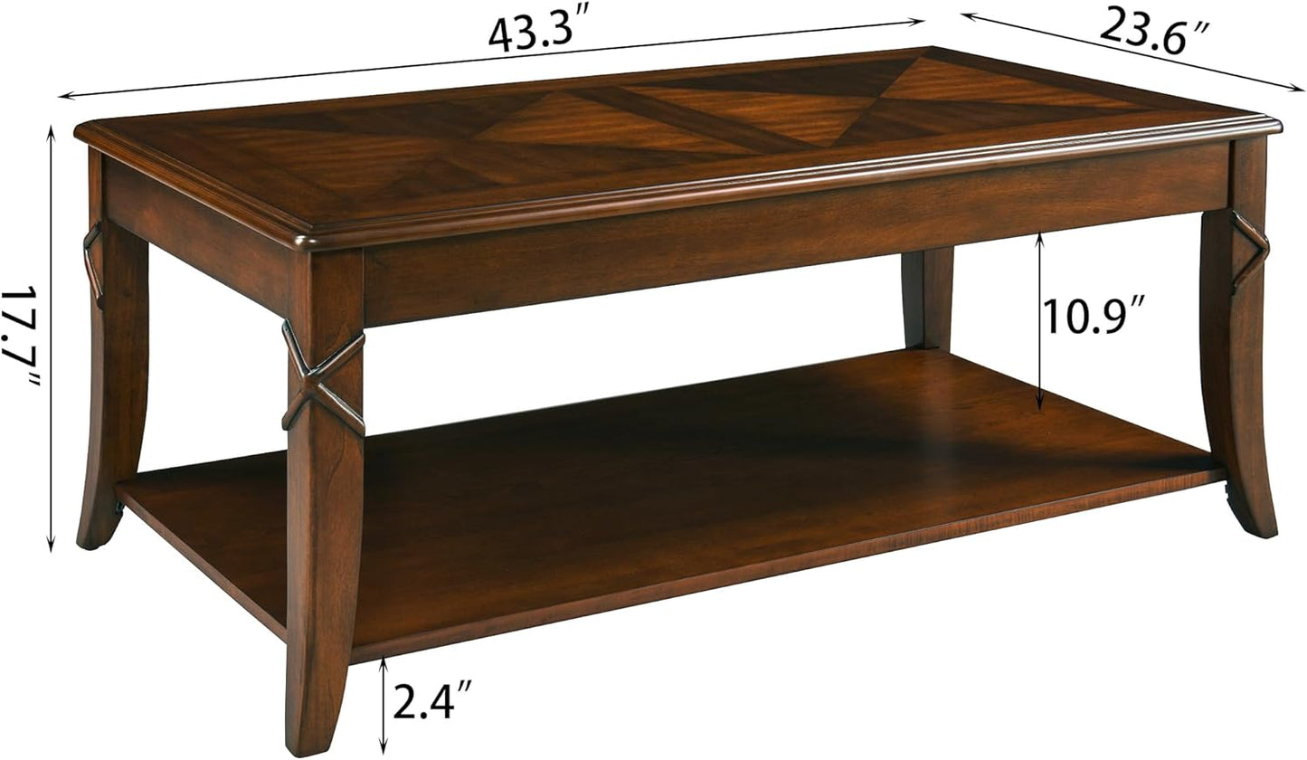 Solid Wood Coffee Table with Storage Shelf, Mid-Century Living Room Tables with Carved Tabletop and Leg, 43.3” Splicing Cocktail Center Sofa Table, Cherry Brown KFZ-DR200