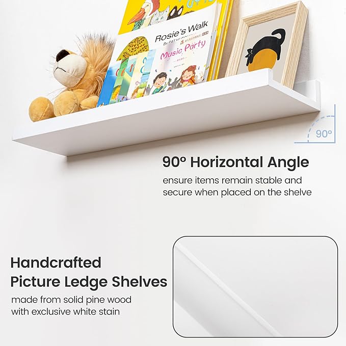 Picture Ledge Shelf for Wall, 48 inches Solid Pine Wood Nursery Book Shelves 3 Pack, Floating Ledge Shelves for Kids' Room, Bedroom, Bathroom Long Floating Shelves for Wall, White