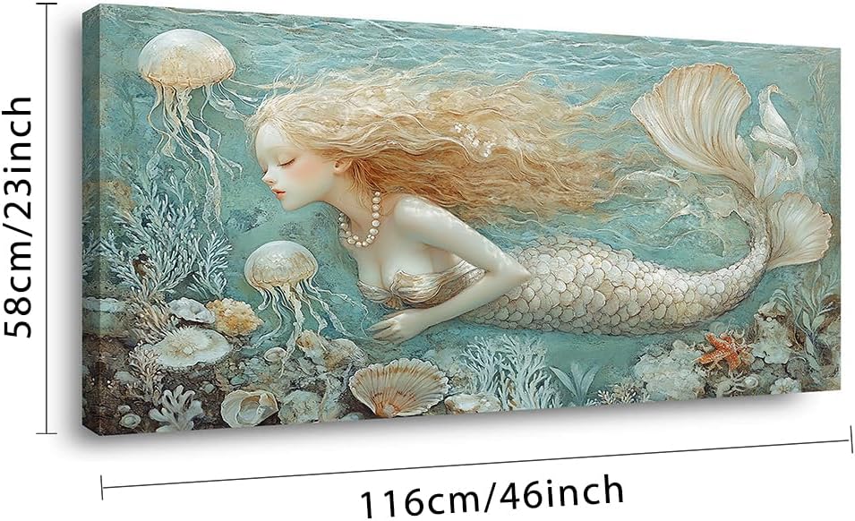 LASMOND Ocean Mermaid Wall Art for Girls Room Modern Canvas Prints Marine Organism Underwater World Sea Creatures Artwork Paintings Women Bedroom Wall Decor (46x23 Inches)
