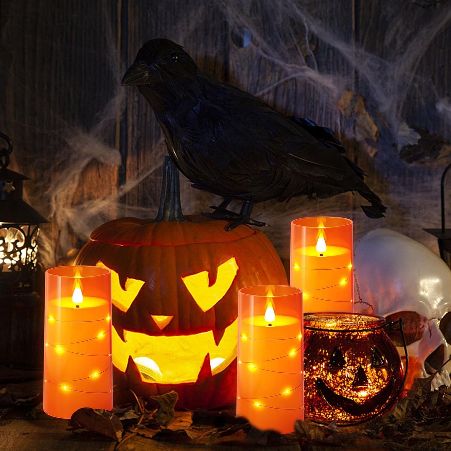 NURADA 3"x6"Flickering Flameless Candles: Built-in Star String Lights 3D Wick Battery Operated LED Pillar Candles with Remote and Timer for Halloween Thanksgiving Dinner Tables Home Fall Decor Orange