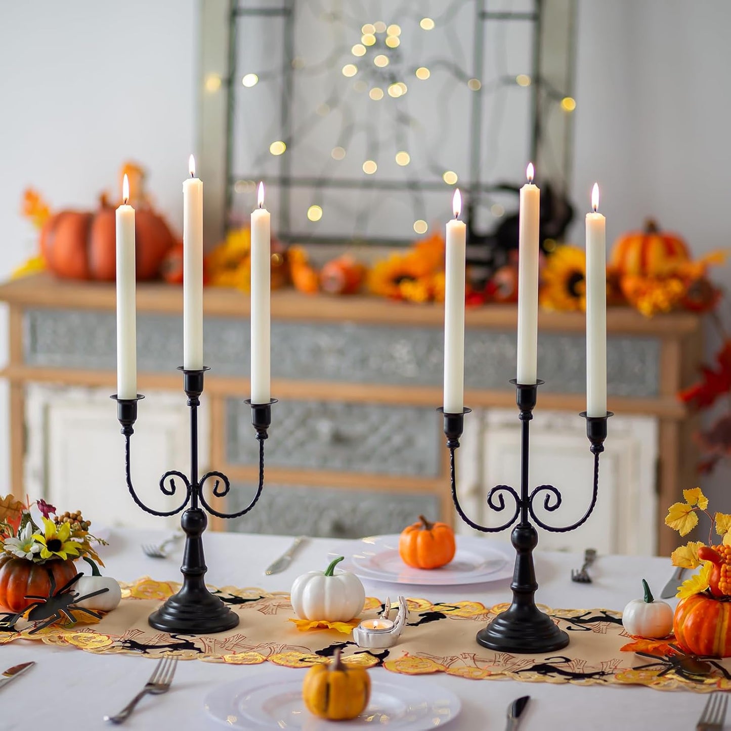 Sziqiqi Candle Holders 3-Arms Candelabra - Black Halloween Candelabras Metal Candleholder Stands Decoration for Thanksgiving Christmas