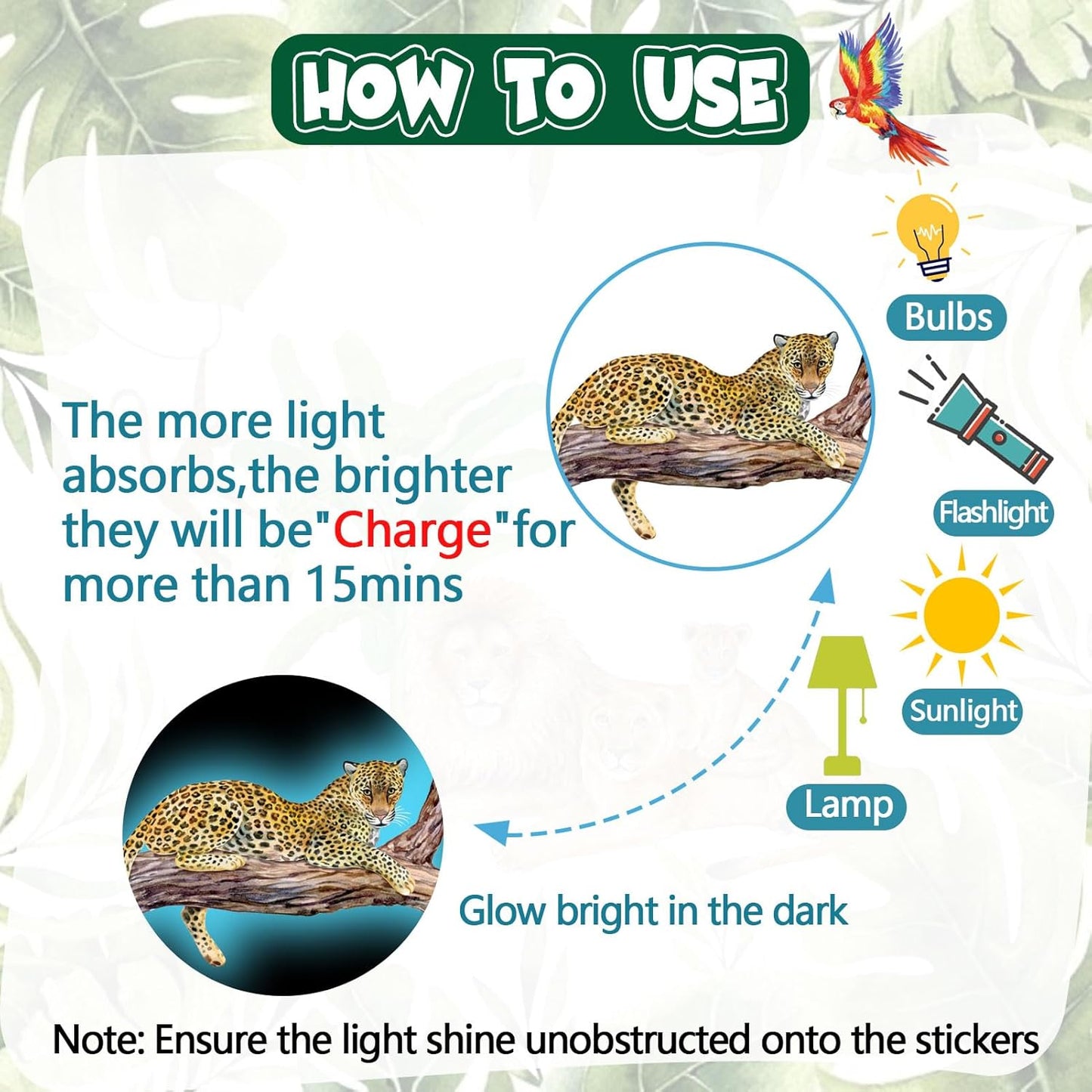 Glow in The Dark Jungle Animals Wall Decals,Glowing Luminous Safari Animals Wall Stickers Removable self-Adhesive Forest Tiger Elephant Palm Trees Decals for Boys Girls Bedroom Kids Nursery Decoration