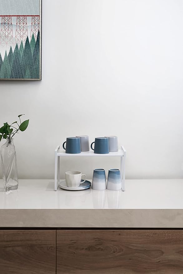 Nxconsu 2Pack Cabinet Shelves Stackable Shelf Organizer Rack Riser for Kitchen Cabinet Pantry Cupboard Counter Countertop Home Organization Storage Space Saver Heavy Duty Metal Nonslip White Wide Tall