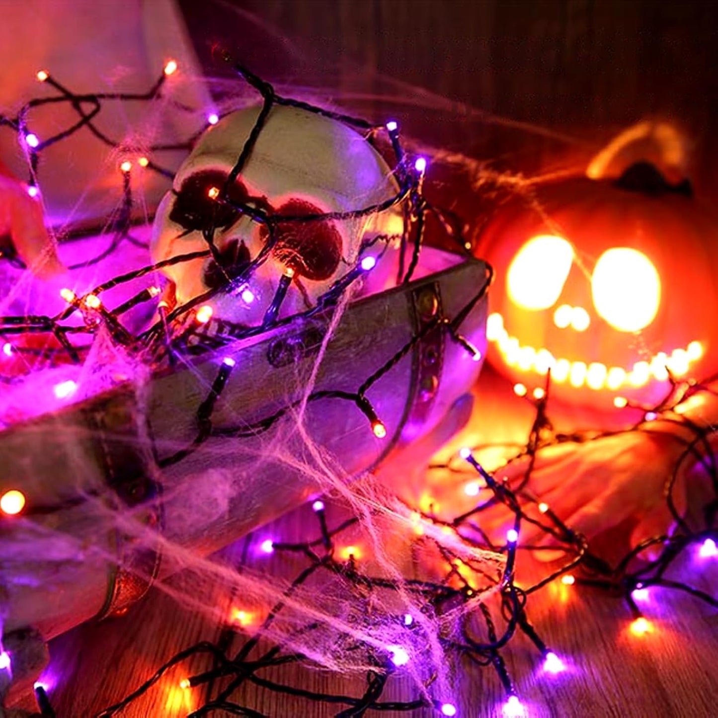 XTF2015 Halloween Lights, 105FT 300 LED Halloween String Lights with Spooky Music Motion Sensor Controller Twinkle Waterproof Purple Orange Light Plug in for Indoor Outdoor Tree Party Yard Room Decor