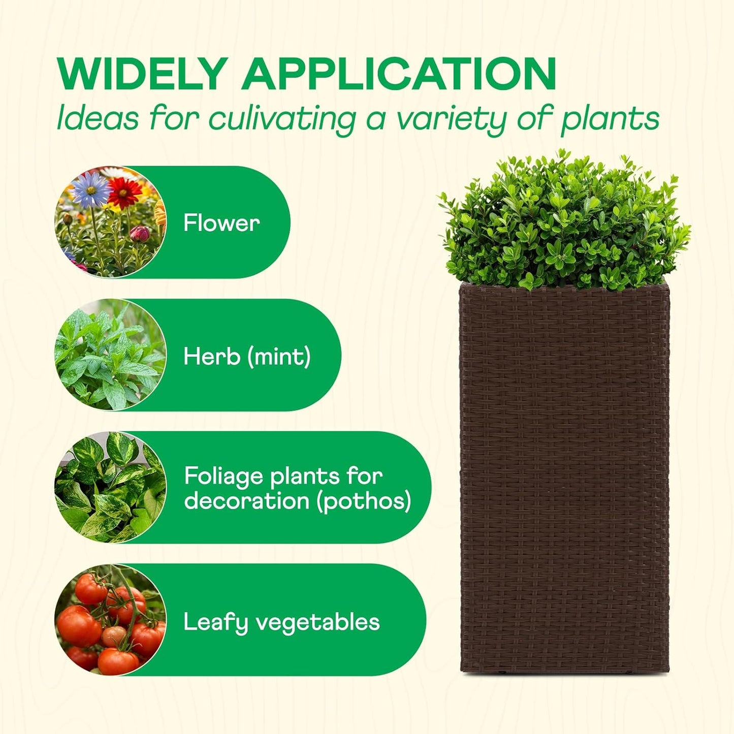 IDZO All-Weather Wicker Planters, Set of 2, 24 in Tall Wicker Planters, Self-Watering with Drainage, Durable PP Material, Raised Garden Bed Alternative, Indoor Outdoor Use, Modern Rattan Design