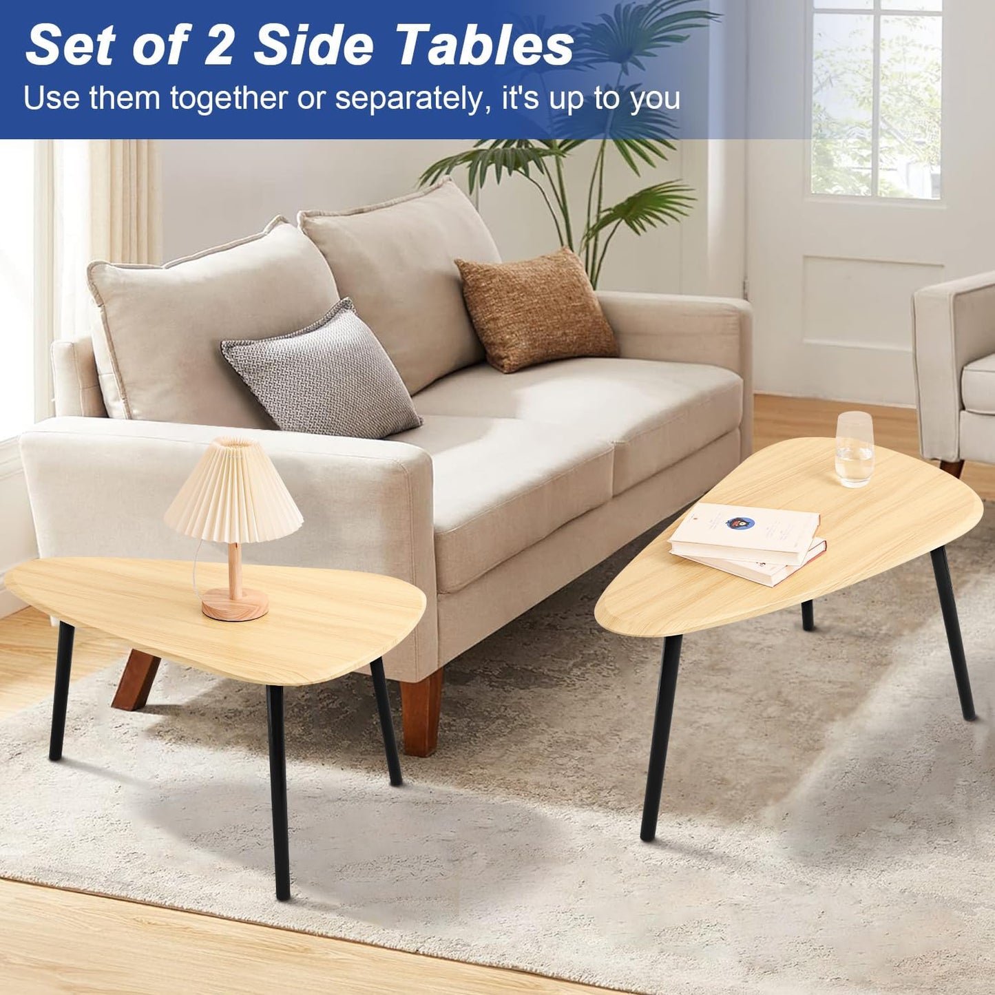 Wood Nesting CoffeeTable Set of 2 Irregular Accent Table for Living Room Bedroom Industrial Small Stacking Side Tables for Couch,Natural