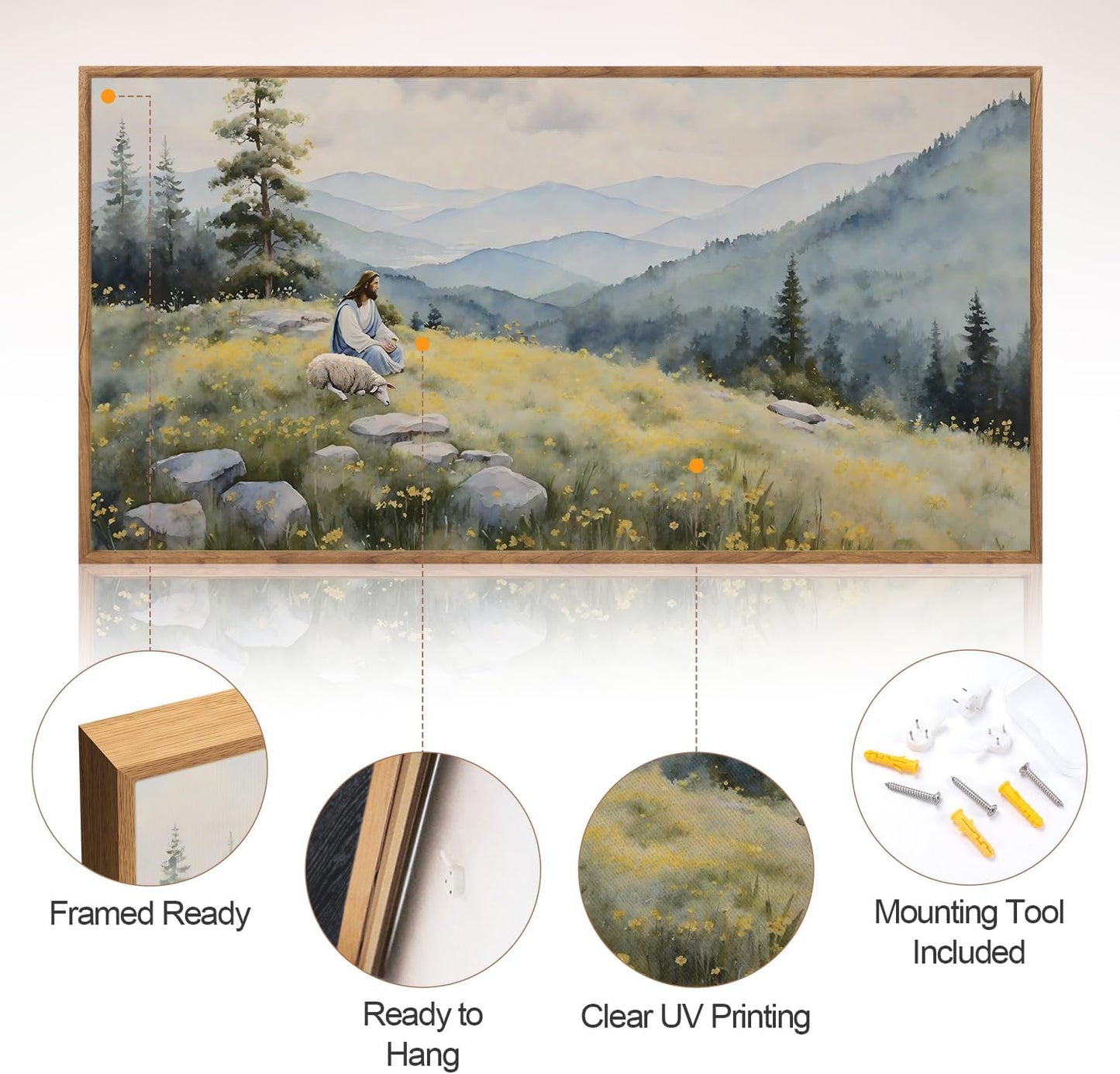 Aurlan Christian Jesus with Lost Sheep Wall Art(40"x20"), Boho Religious Lamb The Good Shepherd Psalm 23 Canvas Artwork, Large Abstcat Watercolor Vintage Nature Landscape Bible Story Decor for Home Dining Room Christ Gift