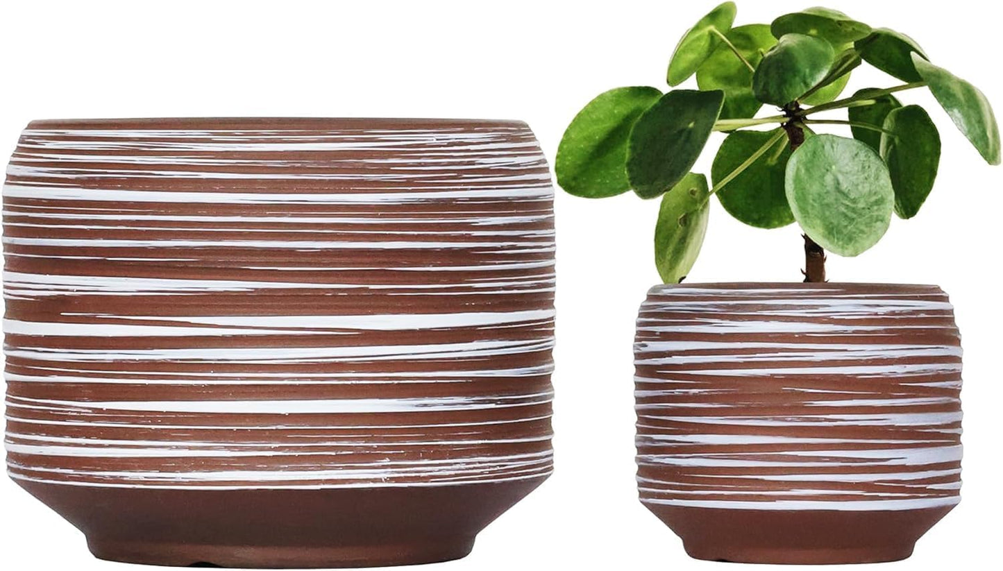 8 Inch + 6 Inch Ceramic Plant Pots Indoor with Drainage – Flower Pot Set, Decorative Indoor Planters for House Plants and Garden Use