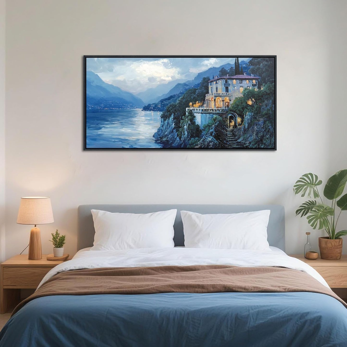 QZQCBLC Large Canvas Wall Art, Blue Mountains Lake Houses Green Trees Landscape Framed Oil Paintings Artwork for Living room Bedroom Home Kitchen Office Wall Pictures Decor 24x48 IN