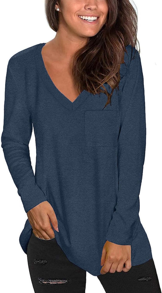 Tobrief Women's Long Sleeve V-Neck Shirts Fall Graphic Tees Loose Casual T-Shirt