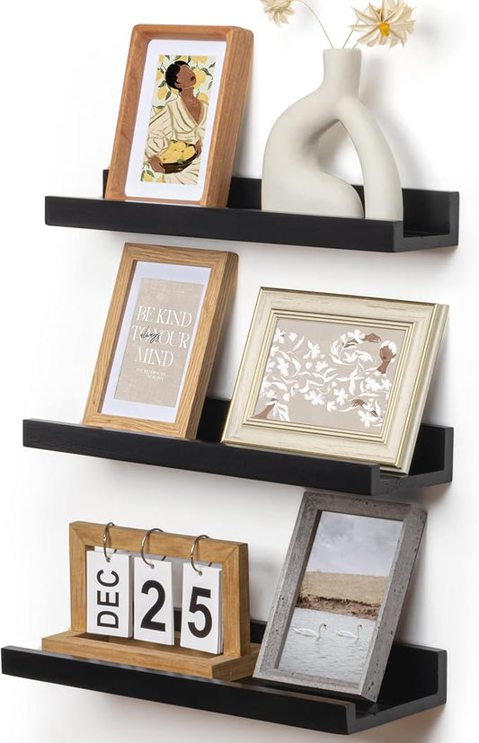 Picture Ledge Wall Shelves - 16 Inch Width Set of 3, Solid Pine Wood Rustic Floating Ledge Shelves for Kids' Room, Bedroom, Kitchen, Bathroom, Living Room, Nursery Display Decor, Black