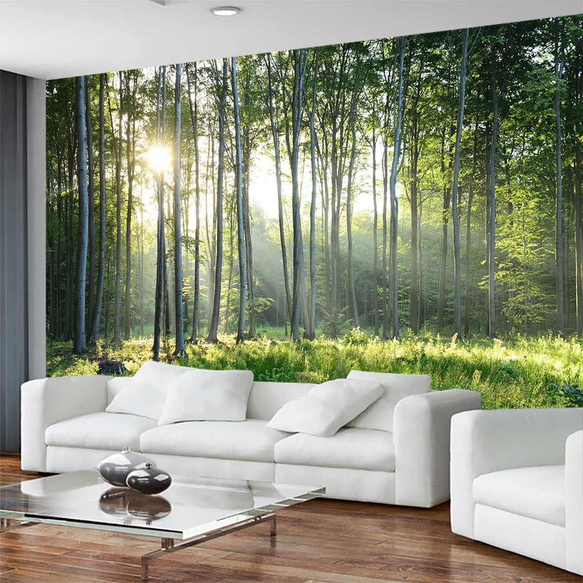 Sunshine Forest Mural Wallpaper Landscape Tree Wallpaper Large Nature Scenery Wall Mural for Living Room (not self-Adhesive)