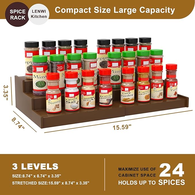 Spice Rack Organizer for Cabinet 2Pack, 3 Tier Expandable Bamboo Spice Storage, Great for Kitchen Cabinet, Cupboard,Pantry and More(Brown)