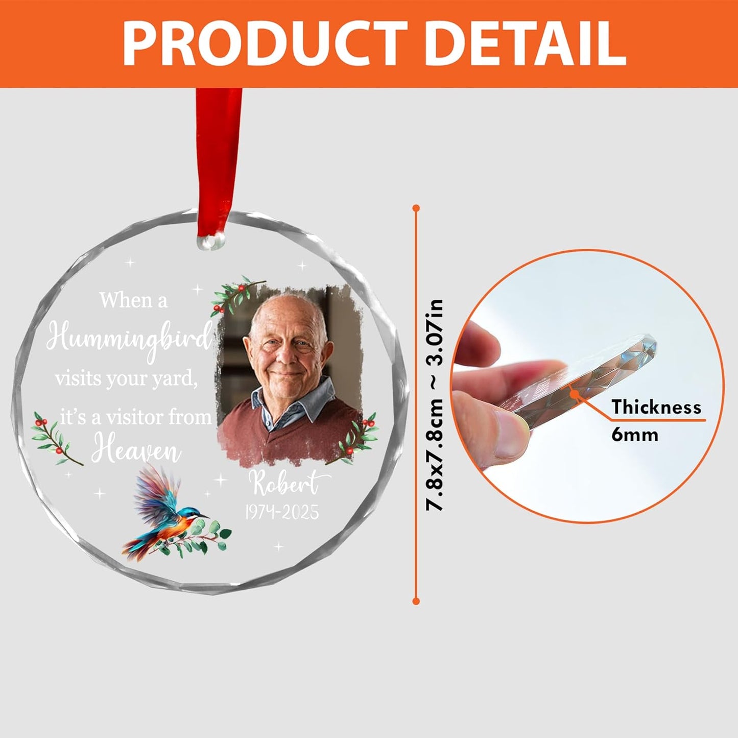 Personalized Memorial Hummingbird Glass Ornament – in Loving Memory of Robert – Custom Name, Birth Year & Passing Year – “When a Hummingbird Visits Your Yard” Memorial Keepsake