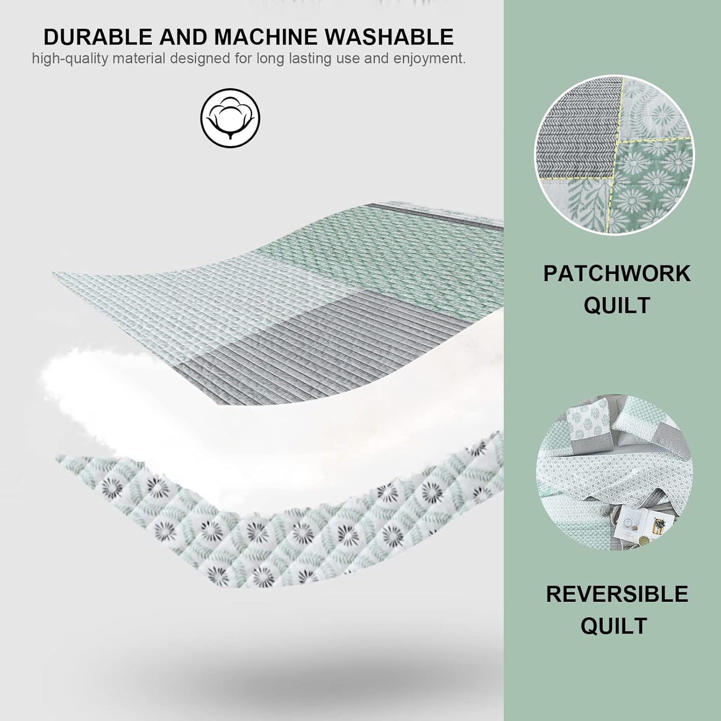 PANGUSHAN Quilt Set King Size, 100% Cotton Bedspread Quilt Bedding Set, Patchwork Reversible Floral Quilt for King Bed, Green/Grey/White Bed Spread, Lightweight Comforter for All Season, 3 Pieces
