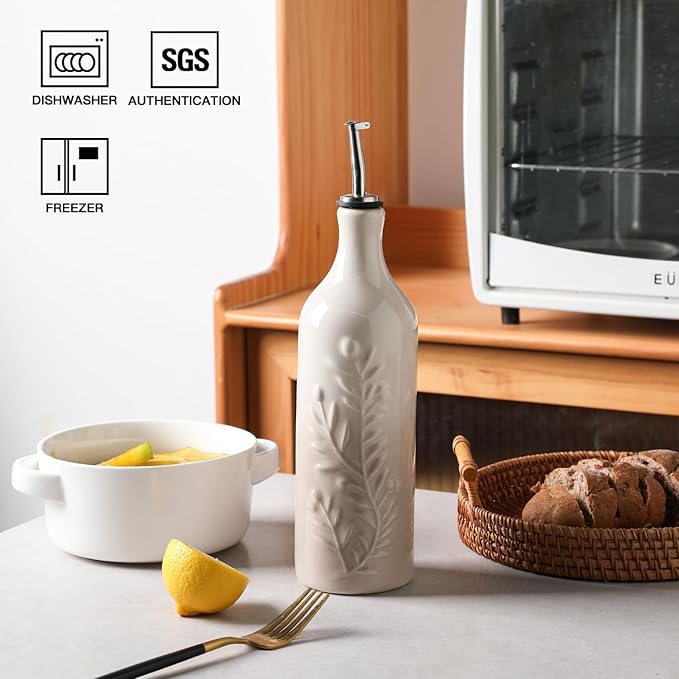 Sweejar Large Olive Oil Dispenser Bottle with Spout, 24 Oz Ceramic Oil Dispenser for Kitchen, Relief Opaque Cruet, Container for Cooking, EVOO, Vinegar, Pack of 1 (GradientFogGray)