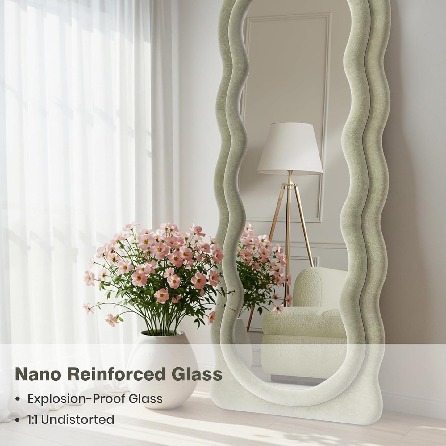 Full Length Mirror 63"x24" Arched Wavy Full Body Wall Mounted Floor Mirror with Stand Sage Flannel Frame Leaning Hanging Wall Mirror for Bedroom Entrance Hallway