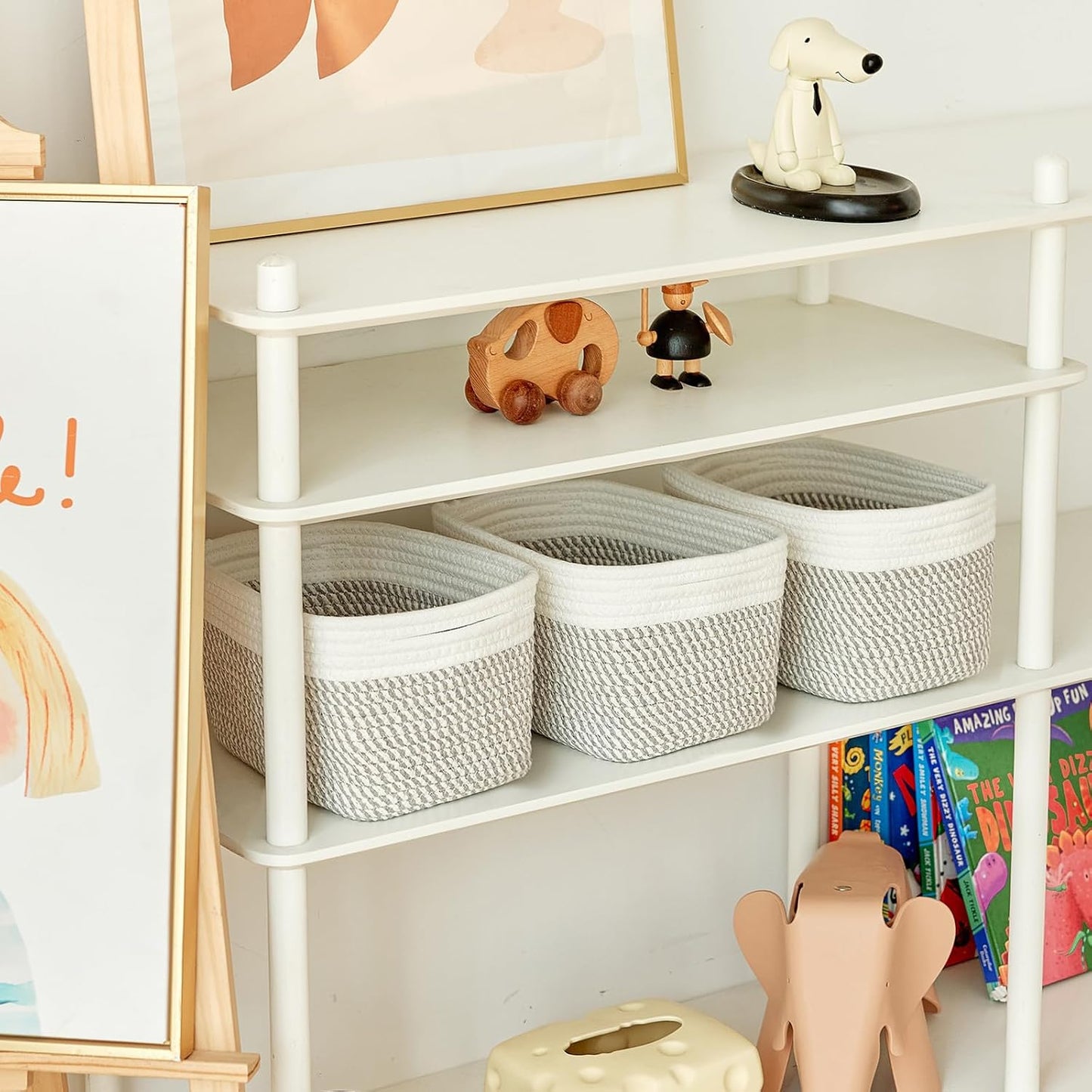 Small Cotton Rope Storage Basket Set of 3-11"x7"x7" Perfect Woven Baskets for Storage, Ideal Storage Baskets for Organizing Toys, Towels, and More - Baskets for Shelves（White & Mixed Grey）