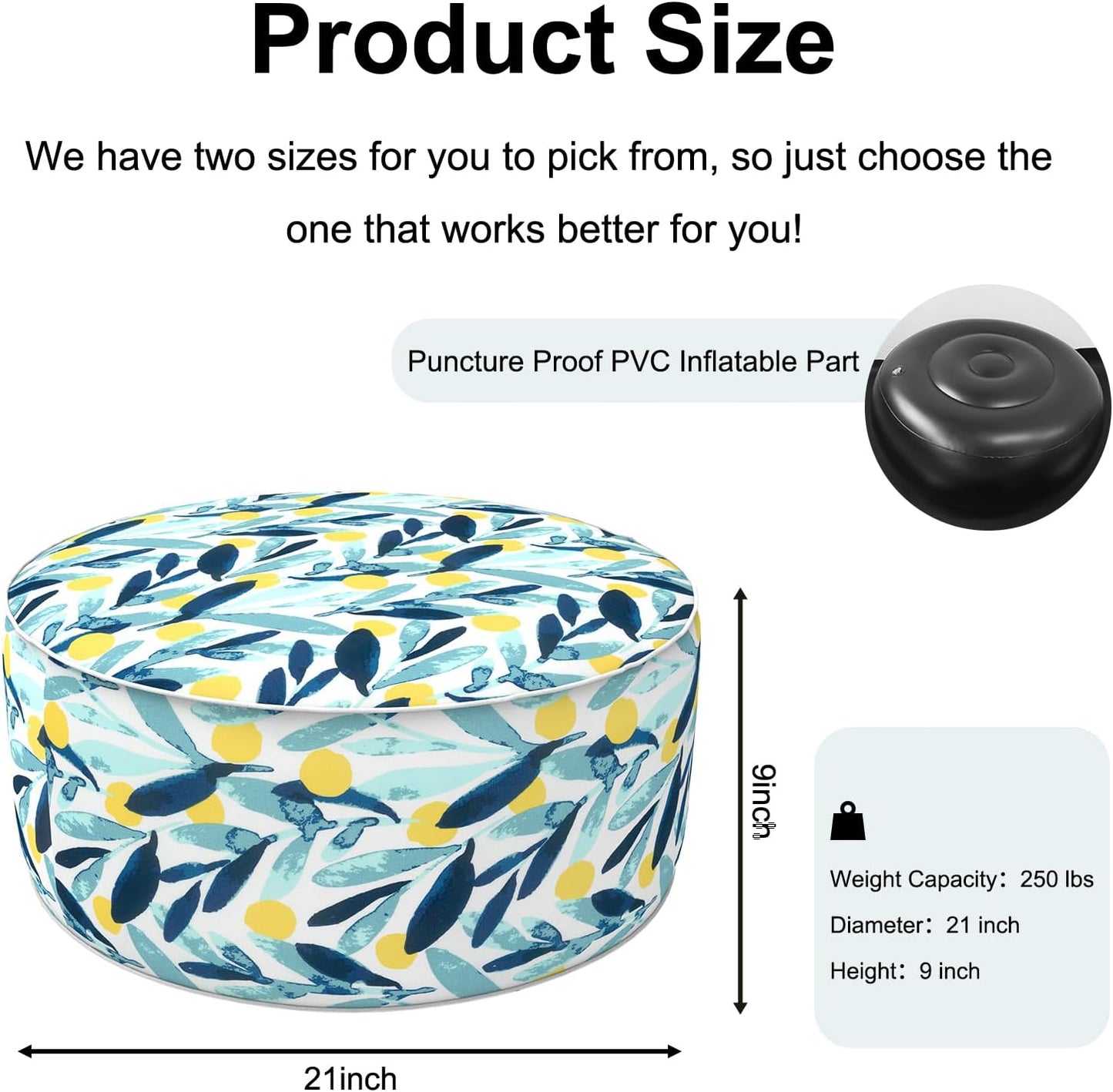 Inflatable Ottoman Stool D21 xH9 for Outdoor/Indoor Use, Water Repellent Patio Foot Rest Stool with Portable Handle,Round Pouf Ottoman Suitable for Garden,Deck and Camping - Leaves Multi