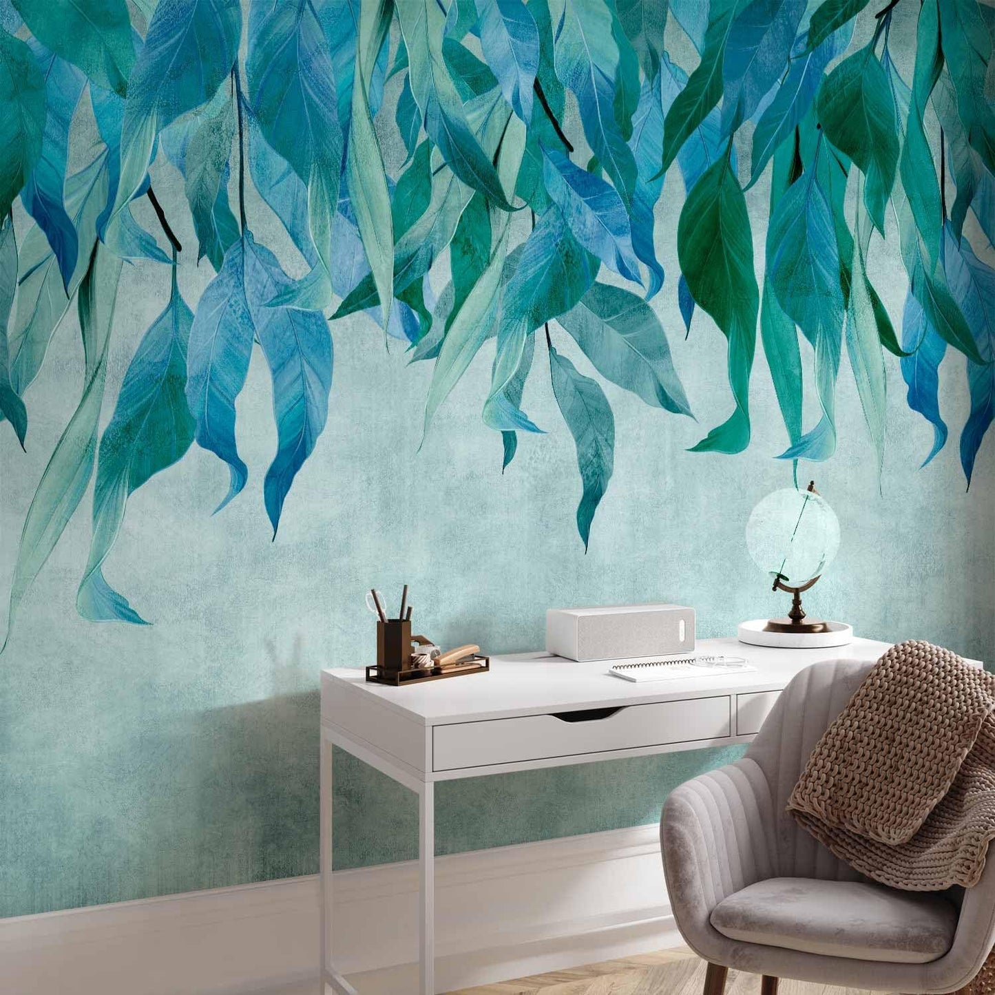 artgeist Wall Mural Hanging Leaves 177x124 in - Non-Woven Wallpaper Fleece Wall Decor Photo Print Picture Image Design Nature Botanical Concrete Green Blue b-C-10146-a-b