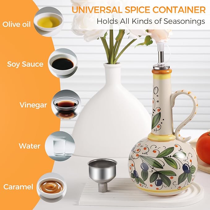 Ceramic Olive Oil Dispenser Bottle 23oz with Handles, Hand Painted Multi-Use Oil Cruet & Flower Vase, Decorative Stoneware Kitchen Cruet with Stainless Steel Spout for Oils, Sauces, Vinegar (C)