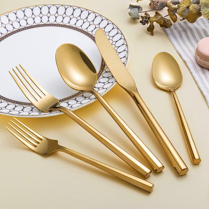 Silverware Set Flatware Set Shiny Gold Cutlery Set with Hexagon Handle Forged Stainless Steel Heavy 20 Pieces For Home Hotel Use Service for 4