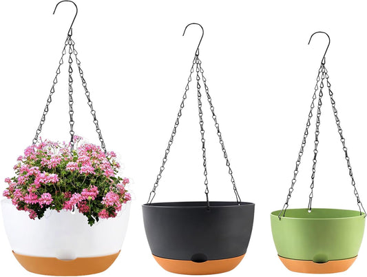8/10/12 inch Hanging Planters for Indoor Outdoor Plants with Self-Watering Pots, 3 Pack Plastic Hanging Basket with Removable Tray for Home Garden Porch Balcony Patio Decor(White+Black+Green)