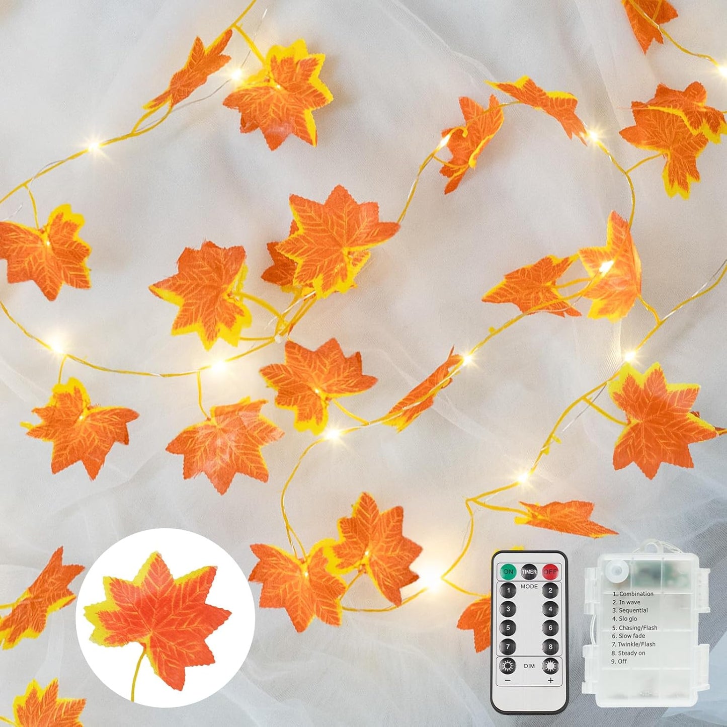 suddus Vine with Fairy Lights Battery Operated, 33ft 100 LED Maple Leaf String Lights with Remote, Dimmable Fall Garland with Lights for Bedroom Wall Indoor Outdoor Thanksgiving Decor (Warm White)