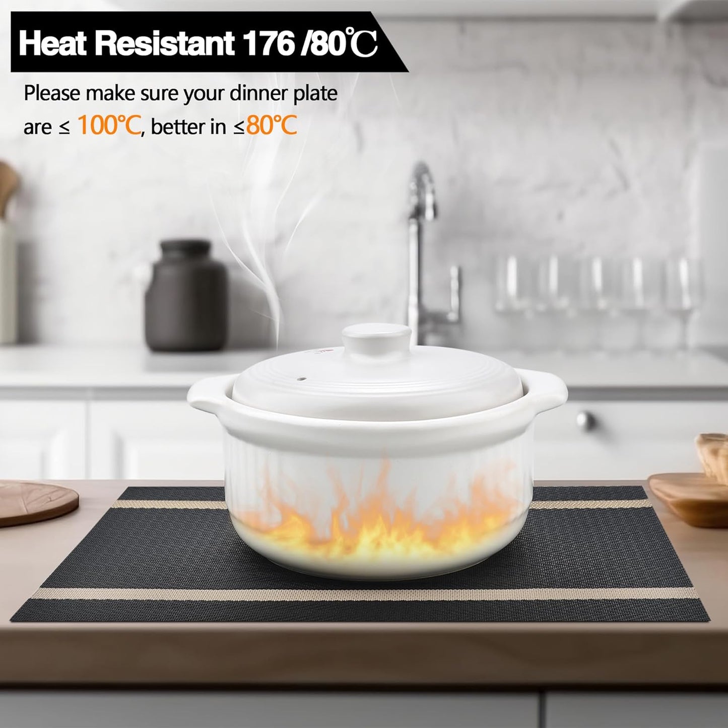 Black Placemats Set of 6 - Easy Clean Modern Durable Washable Vinyl Place Mats - Heat Resistant Placemats for Kitchen Table - PVC Table Mats for Dining Table (Black with Stripes, 6)