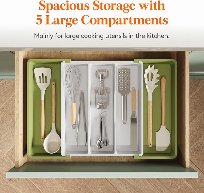 Lifewit Utensil Organizer for Kitchen Drawers, Expandable Cooking Utensil Tray, Adjustable Cutlery Silverware Flatware Holder, Plastic Spatula Tools and Gadgets Storage Divider, Large, Green&White