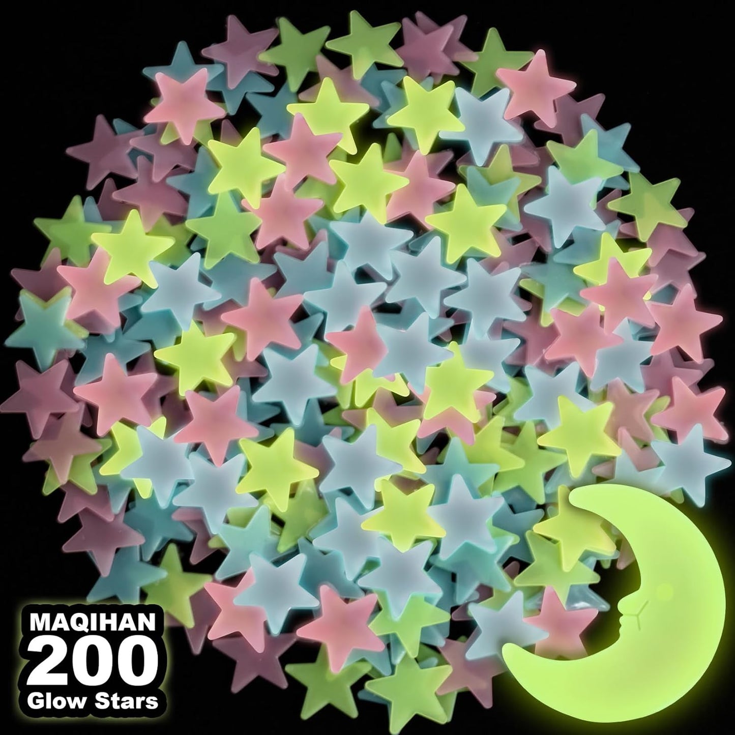 200 Glow in The Dark Stars for Ceiling - Glowing Stars and Moon Stickers Estrellas que brillan en la oscuridad para el techo de cuarto Plastic Space Galaxy Decals Bedroom Wall Decorations