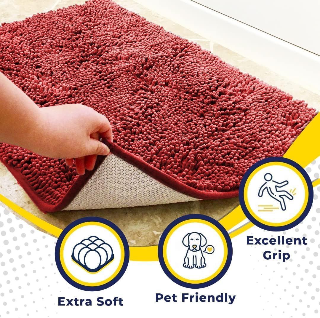Muddy Mat® 4-Piece Red Medium 30"X19" AS-SEEN-ON-TV Highly Absorbent Microfiber Door Mat, Bath Mat and Pet Rug, Non Slip Thick Washable, Soft Chenille for Kitchen Bathroom Bedroom Indoor and Outdoor