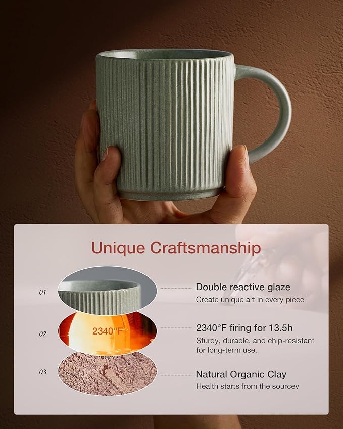 famiware Coffee Mug Set for 6, Star 12 oz Catering Mugs Cup Set with Handle for Coffee, Tea, Cocoa, Milk - Ceramic Stoneware Drinkware Set, Matte Green