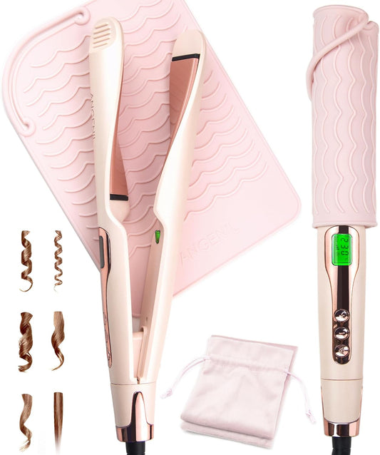ANGENIL Pro Twist Flat Iron Hair Straightener, 2 in 1 Straightener and Curling Iron for Women, Round Pink Dual Voltage Hair Straightener with Silicone Heat Resistant Mat, 20s Fast Heating, LCD Display