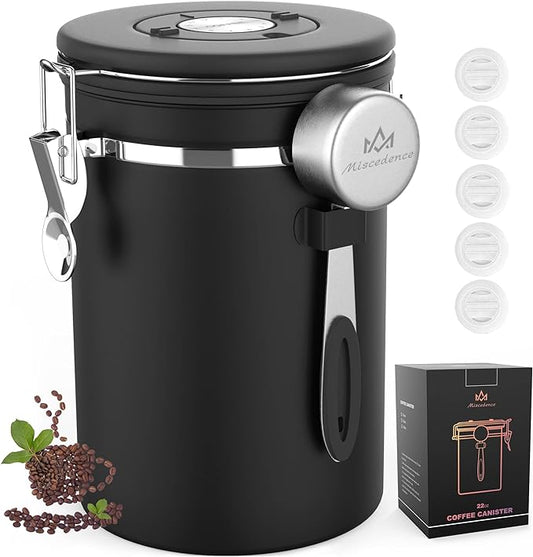 Coffee Canister with Scoop,Date Tracker 304 Stainless Steel Airtight Container One-Way CO2 Valve for Coffee Beans,Tea,Sugar,Kitchen Storage (Black, 22oz)