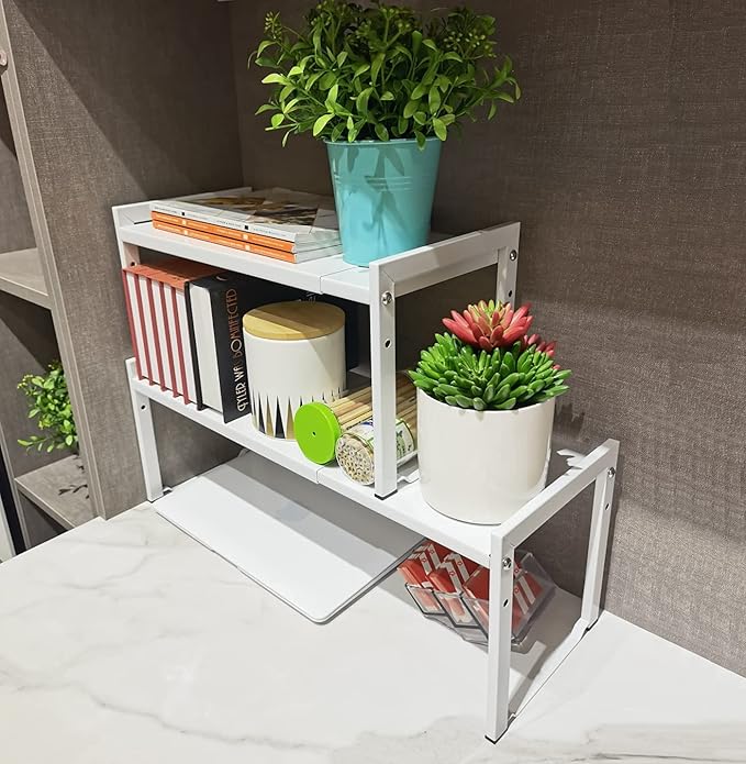 Expandable Cabinet Shelf Organizer 16-26" L Stackable Kitchen Counter Shelf Rack Stand Sink Riser Countertop Storage White (Normal 7.9”D)
