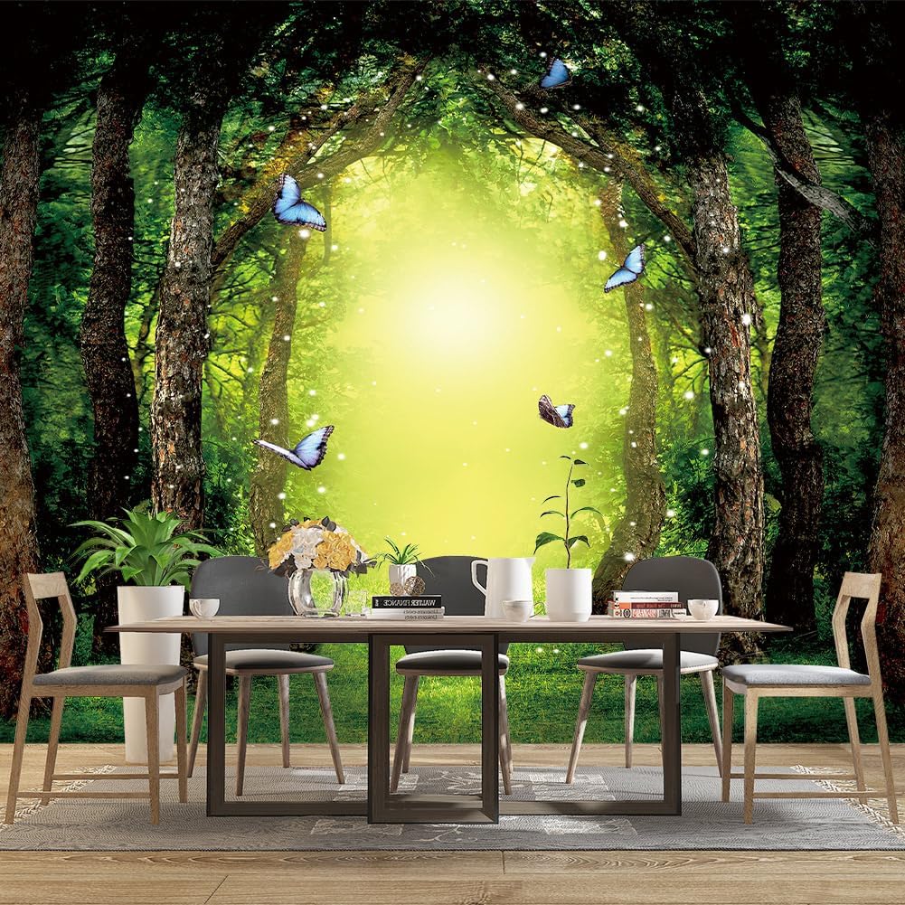 Classy Dream Butterfly Forest Tree Wallpaper for Bedroom Jungle Woodland Wall Mural Living Room Large Woods Adhesive Fabric decorr - 91"x65"（Not Peel and Stick）