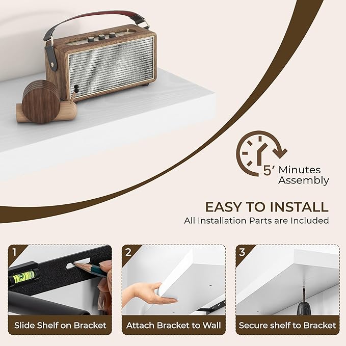 RICHFOCUS 48Inch Floating Shelves for Wall 1 Pack Shelves for Bedroom|Kitchen|Bathroom Wall Mounted Rustic Wood Floating Shelf with Invisible Brackets for Books|Storage|Decor, White