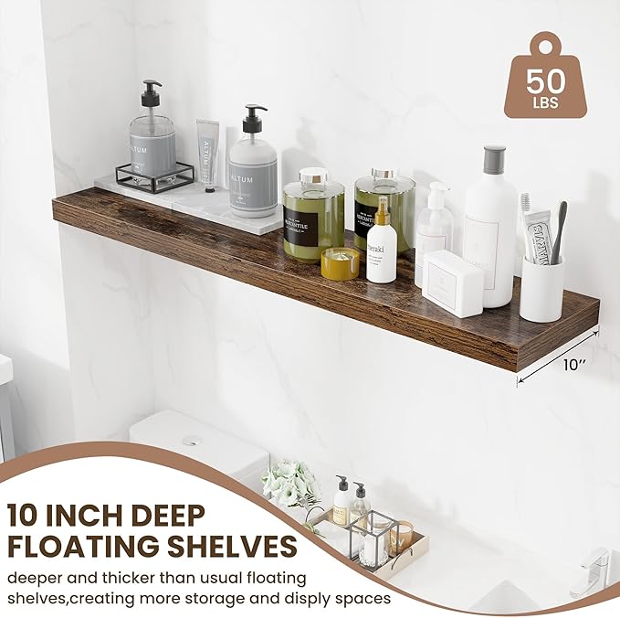 48 Inch Floating Shelves for Wall - 10 Inch Deep Fireplace Mantel Shelf - Wood Floating Shelves for Wall - Large Storage Shelves Wall Mount for Living Room & Bedroom - Rustic Brown - Set of 1