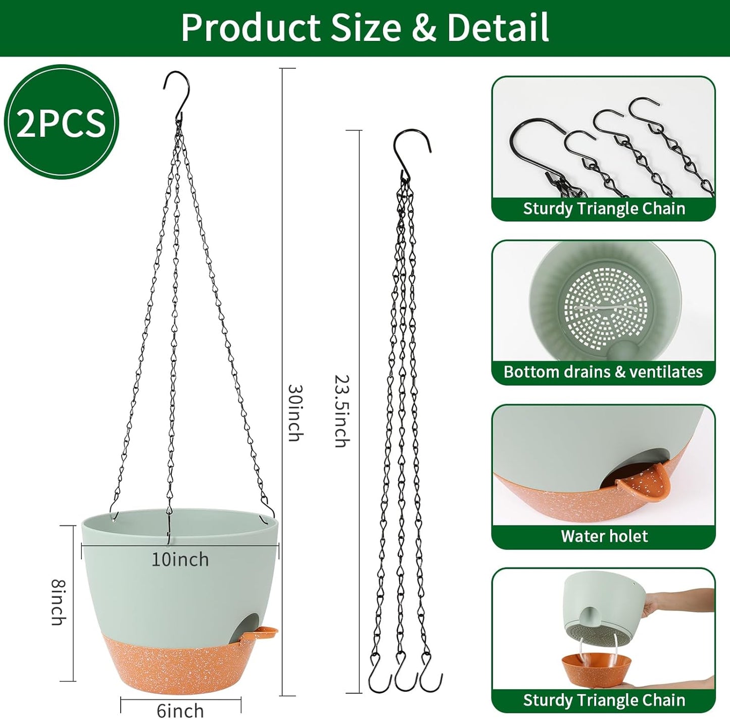 GARDIFE Hanging Planter, 10 inch Hanging planters for Indoor. Outdoor Plants, Self Watering Plant Pot, 2 Pack Large self Watering Hanging Planter, Green