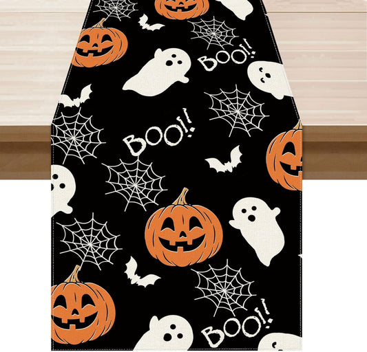 XCHI Boo Spooky Ghost Pumpkin Halloween Table Runner Burlap Table Decoration for Home Kitchen Dining Dinner Indoor Holiday Farmhouse Decor 13x60 Inch